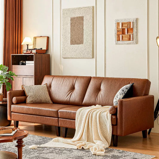 ATJafurn 86 inch Genuine Leather Sofa, Mid-Century Modern Upholstered Sectional Couch Retro Luxurious Loveseat for Living Room Bedroom Office