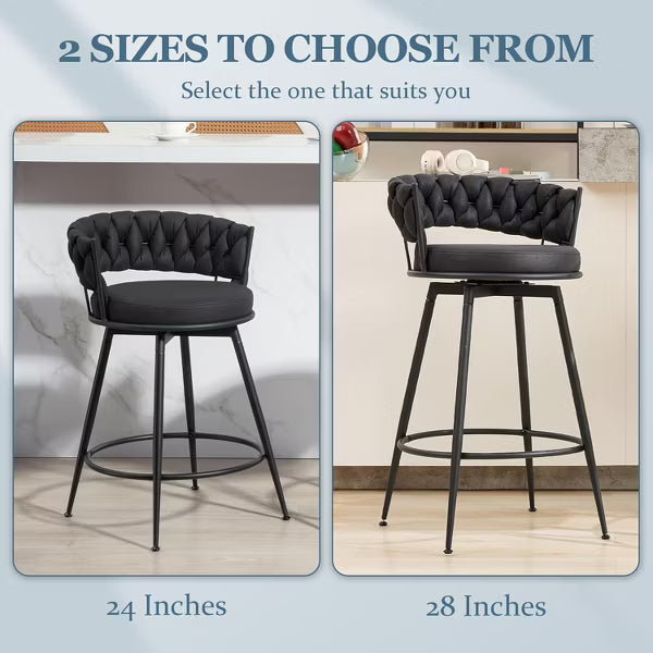 DYHOME 28 inch Bar Stools Set of 2, Modern Counter Height Bar Stools, 360 Swivel Suede Fabric Stool Chairs with Woven Back and Footrest