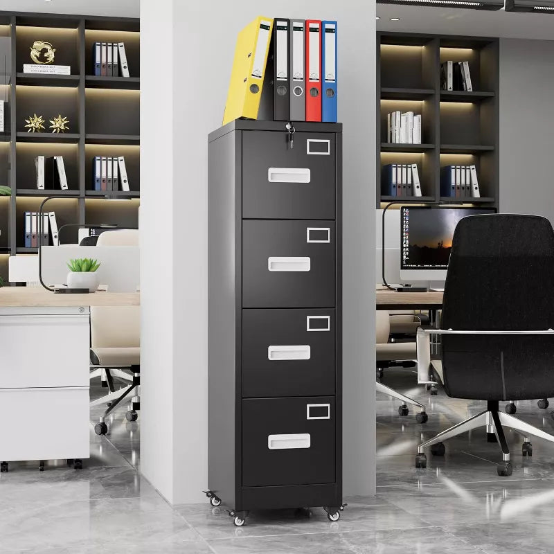 AOBABO Metal File Storage Cabinet With 4 Drawer And Lock,File Cabinet With Name Card Holder For A4 Letter/legal Size, Assembly Required, Black