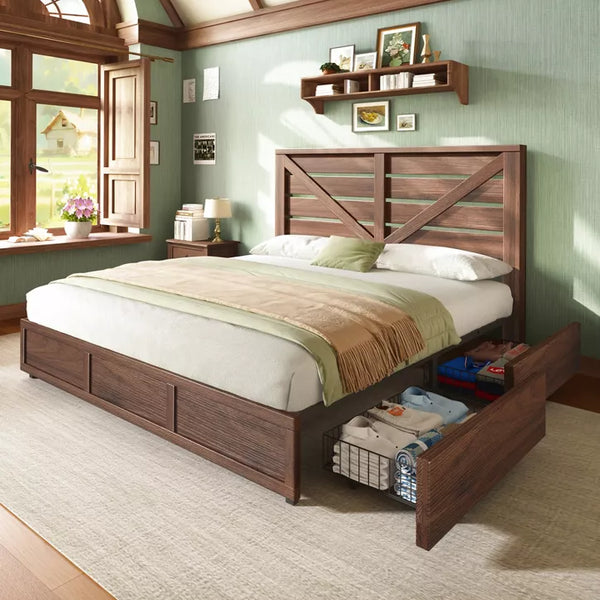 48.8" H Bed Frame with 4 Storage Drawers, Barn Door Headboard, Rustic Wood Grain, No Box Spring Needed