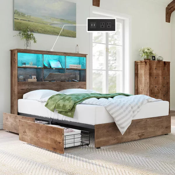 AMERLIFE Bed Frame with 51.2" Storage LED Bookcase Headboard, 4 Storage Drawers & Charging Station
