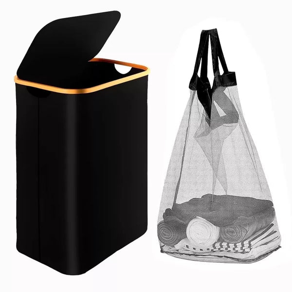 BestParts 105L Waterproof Collapsible Laundry Hamper with Lid & Bamboo Handles, Removable Bag, Black
