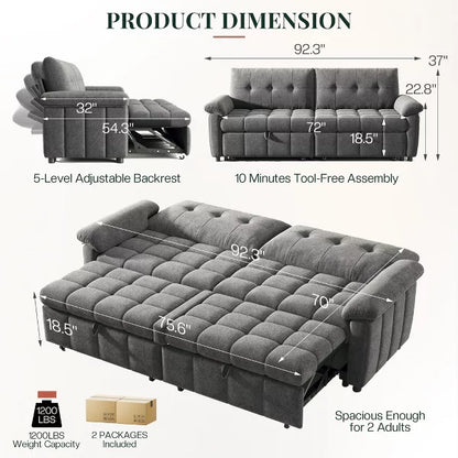 AMERLIFE Convertible Sofa Bed, 4-in-1 Couch with Pull-Out Sleeper, 5-Position Backrest, Tufted Chenille, Easy 10-Min Assembly