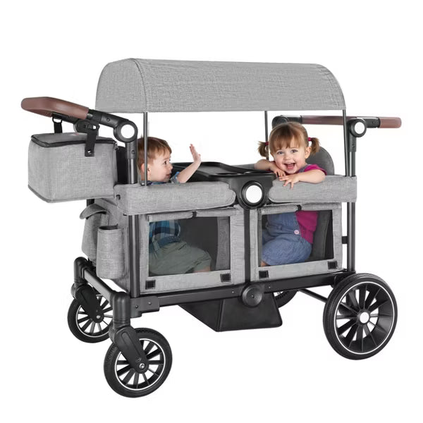 Kinder King Folding Wagon Stroller for 2 Kids, Adjustable Handle, All-Terrain Shock-Absorbing Wheel, Detachable Tray, Diaper Bag