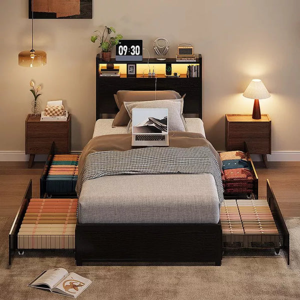 Karl Home Metal Platform Bed Frame with 2-Tier Storage Headboard, with 4 Storage Drawers, Built in Charging Station and LED