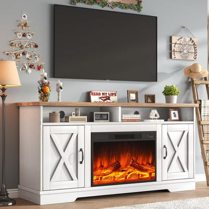 AMERLIFE 63" Farmhouse TV Stand with 26" Fireplace, for TVs up to 73" for Living Room