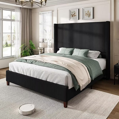 AMERLIFE Size 62" Corduroy Upholstered Bed Frame Extra Tall Wingback Headboard