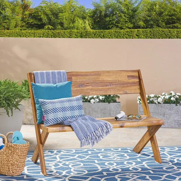 Wooakway Rustic 48" L Sandblast Teak Finished Acacia Wood Patio Bench with Reclined Seat Back Classic Slat Panel Durable Solid Hardwood Frame