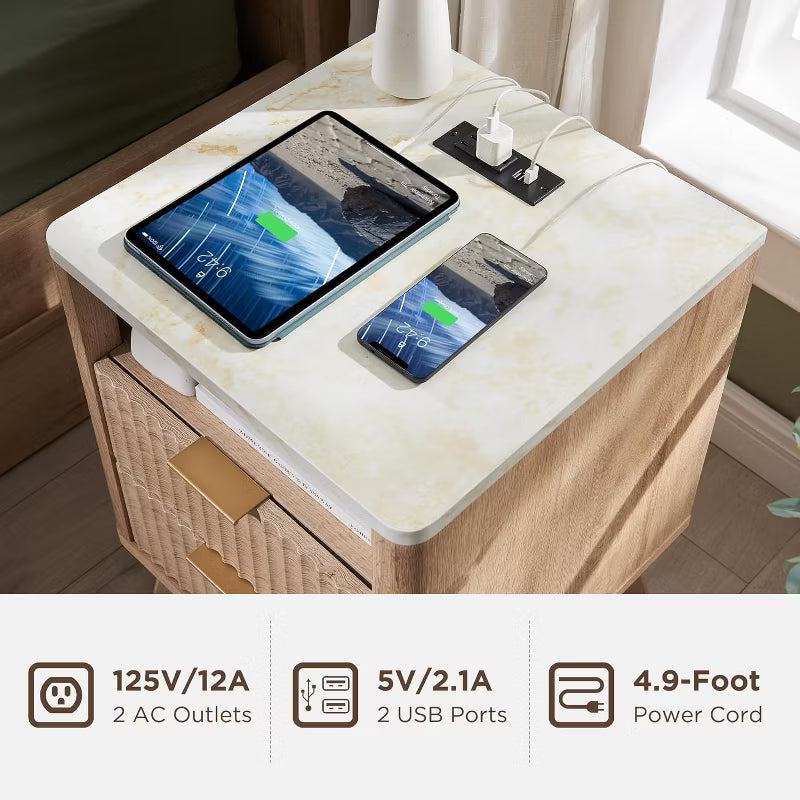 18" Modern Fluted Nightstand with Charging Station, Side Table with Faux Marble Top for Bedroom, Living Room