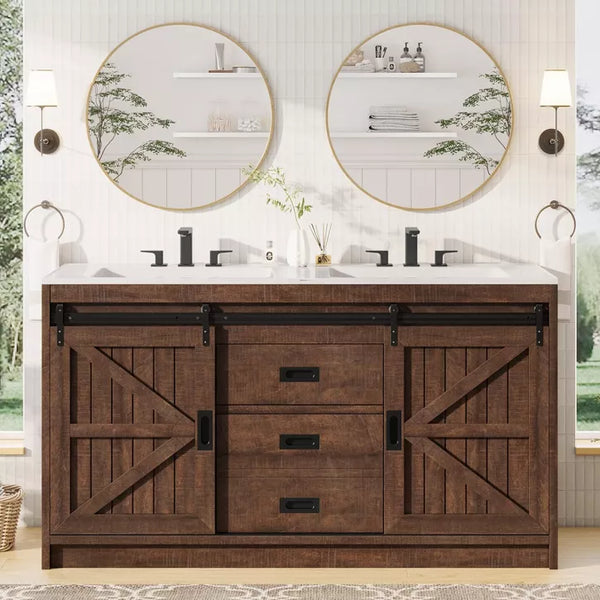 AMERLIFE Double Farmhouse Bathroom Vanity with Sink, with Sliding Doors & Drawers