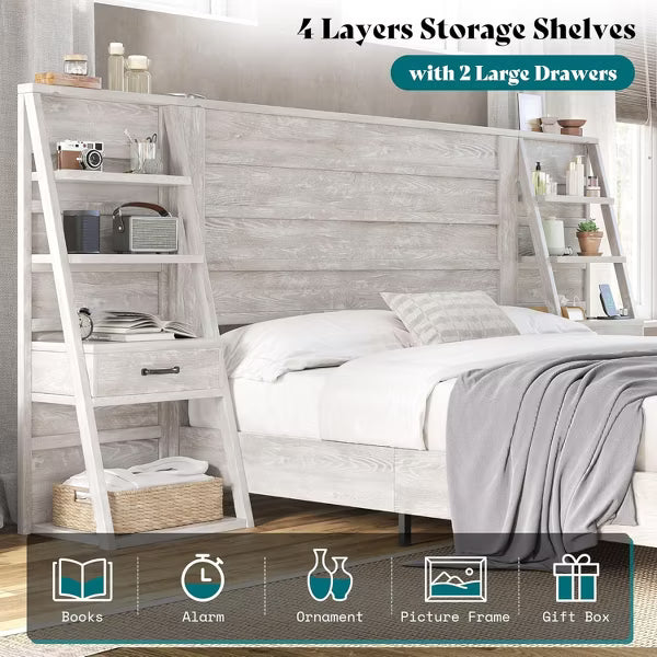 AMERLIFE Bed with Wide Headboard, 4-Tier Bookshelves, Charging Station & 2 Drawers