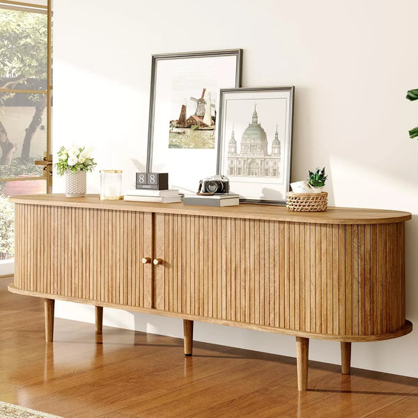 AMERLIFE 70" TV Stand with Solid Wood Legs, Mid Century Modern TV Console with Tambour Door