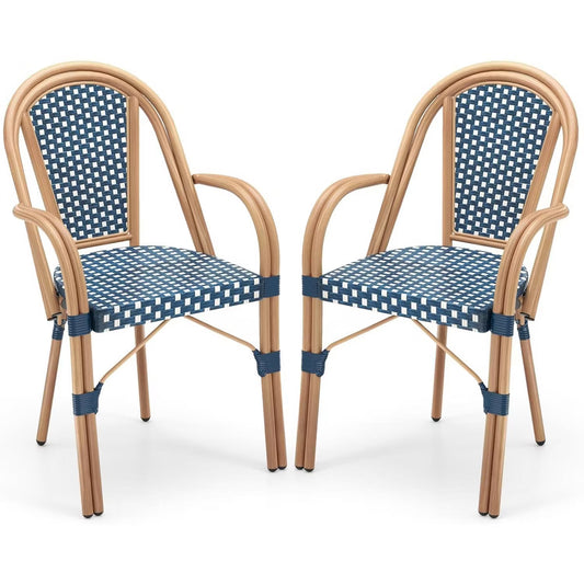 BOSMILLER French Bistro Chairs Set of 2, Hand-Woven PE Rattan Outdoor Armless Dining Chairs with Metal Frame for Garden Balcony, White/Black