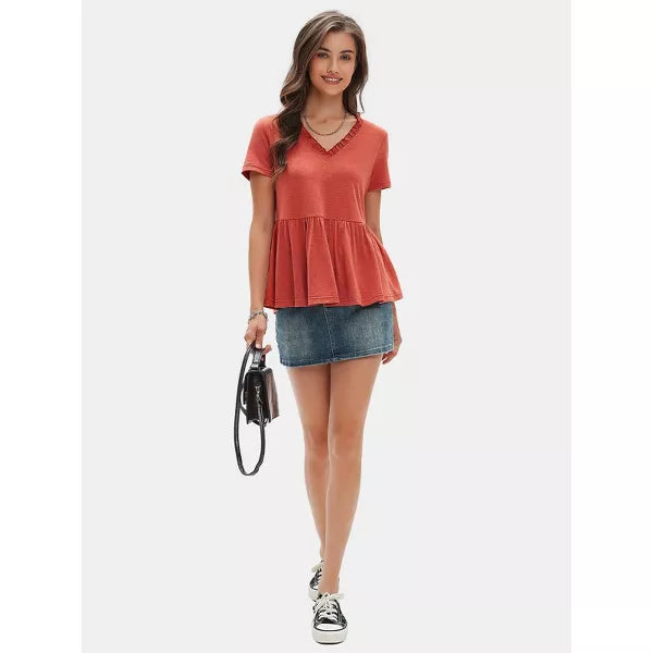 EXLURA Womens Summer Short Sleeve Babydoll Tops Fashion Cute V Neck T Shirts Soft Casual Peplum Blouse Tunics Top 2025