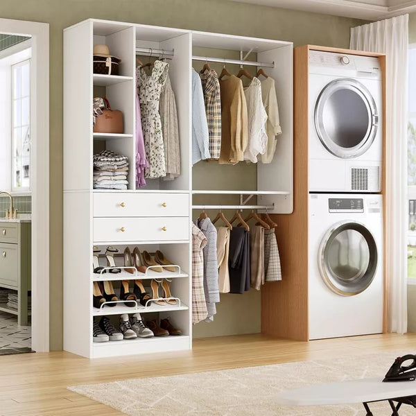 PAKASEPT 5FT Closet System with 2 Wood Drawers, 59" Closet Organizer System with Shoe Rack, 3 Hanging Rods, Wardrobe Clothes Garment Rack