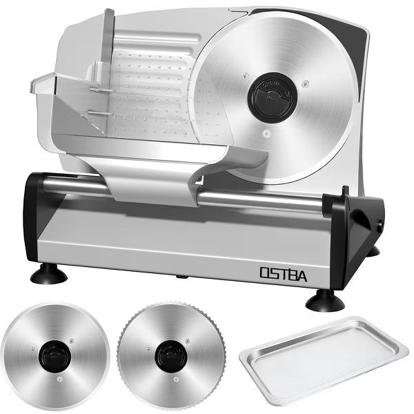 OSTBA 200W Electric Meat Slicer, Dual 7.5” Stainless Steel Blades, Quiet DC Motor, 0-15mm Adjustable, Easy to Clean for Meat, Cheese, Bread & Veggies
