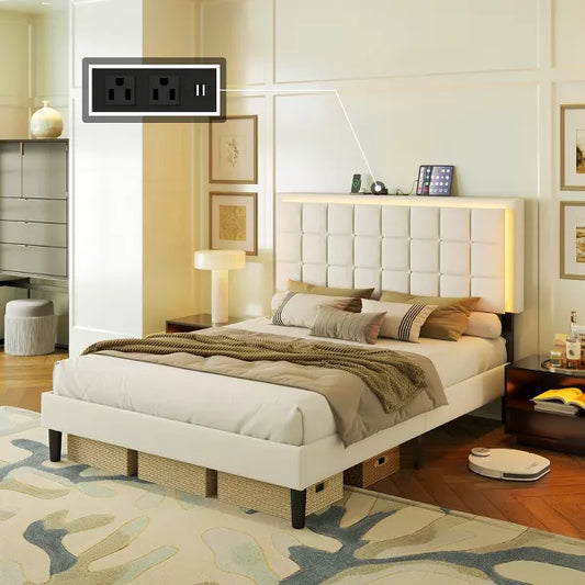 AMERLIFE Button Tufted Platform Bed Frame with LED Lights and Charging Station