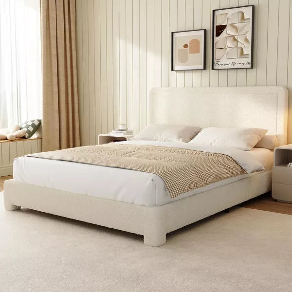 Vipbear Boucle Bed Frame,Upholstered Bed Frame With Headboard, Surface Cover Soft Cloud Bed Frame Easy Assembly, No Box Spring Required