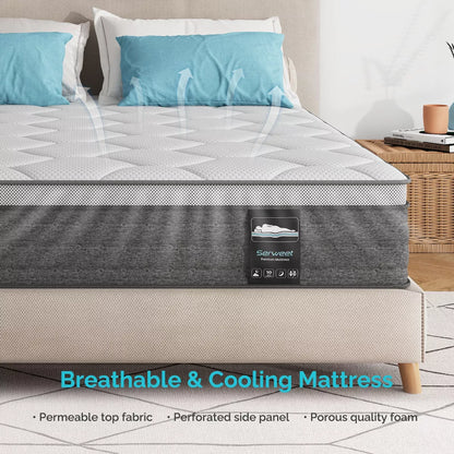 Serweet 10 inch 5-Zone Fiberglass-Free Mattress - Compatible with Platform Bed, Box Spring, or Slat Base