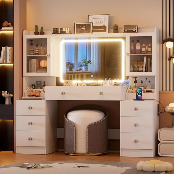 PAKASEPT 8 Drawers Vanity Desk, 55'' W Makeup Vanity with Power Outlet, Vanity Table with Mirror and Lights, 3 Lighting Modes, for Bedroom, White