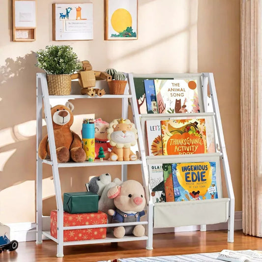 Unikito Kids Bookshelf, Book Shelf for Kids Rooms, 3 Tier Sling Bookcase Baby Toy Organizer Toddler Nursery Book Shelves, White, 32.7"x 11.8" x 28.9"