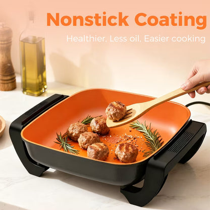 OSTBA Electric Skillet and Frying Pan with Glass Lid, 12"x12" Copper Nonstick Electric Pan, 1500W Power, Cool Touch Handles
