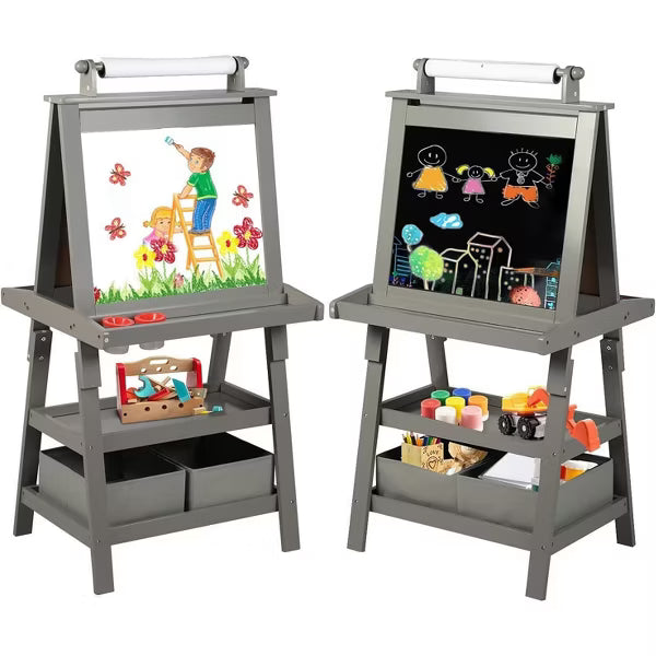 Kinder King 3 in 1 Kids Art Easel w/Storage Double-Sided Magnetic Whiteboard & Chalkboard Dry-Erase Board w/Paper Roller
