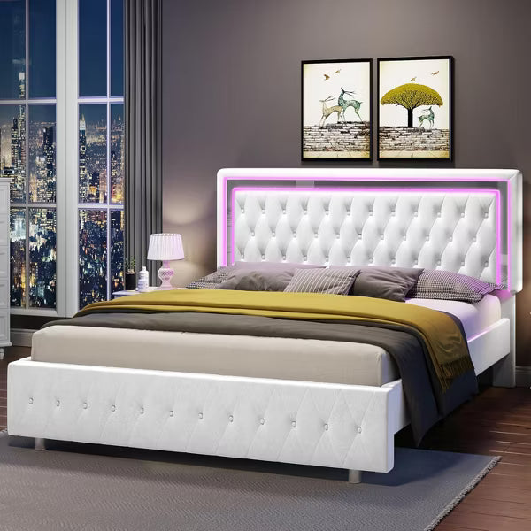 Bed Frame with Led Lights Headboard, Acrylic Mirror Accents