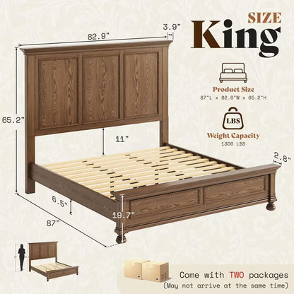 AMERLIFE Platform Bed Frame, Solid Wood with 65.2" Headboard, Heavy-Duty Slats, No Box Spring Required, Easy to Assemble