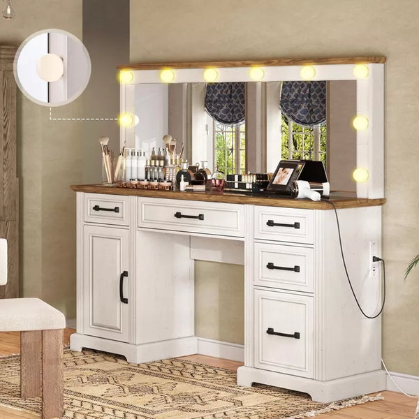 AMERLIFE 55" W Makeup Vanity with Hollywood Mirror, Glass Top Vanity with 5 Drawers