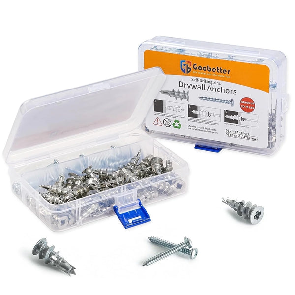 GooBetter Screws and Anchors 100pcs,#8 x 1-1/4" Drywall Anchors,Heavy Drywall Screws with Anchors,50 Pcs Zinc Sheetrock Anchors and 50 Pcs Metal Screws