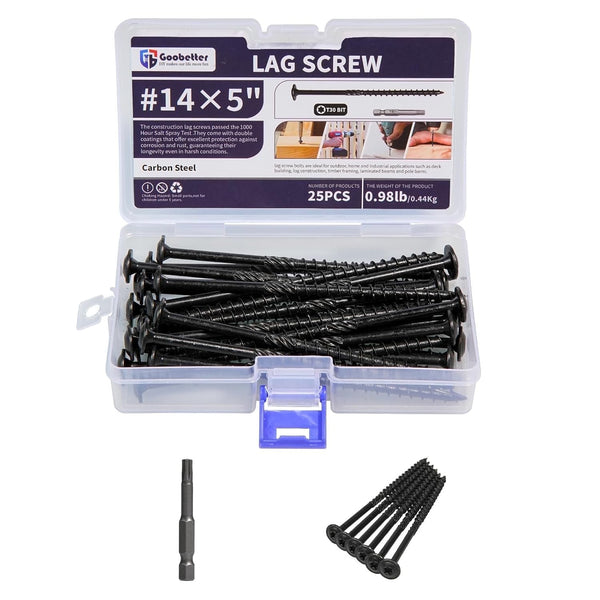 Goobetter Black Phillips Flat Head 5 Inch Wood Screws with Washers #14*5 (25PCS) - Carbon Steel, Heavy Duty, Rust Resistant - for Outdoor Furniture & Deck Building