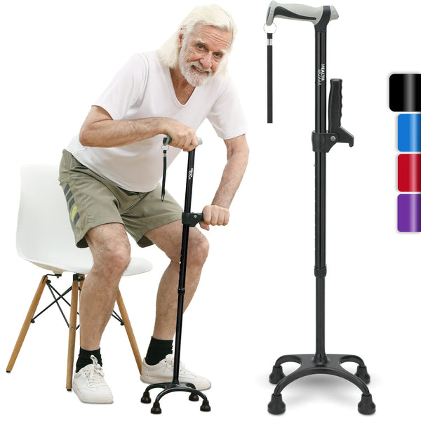 HEALTHBAZAAR Quad Cane Walking Cane for Women  Men for Balance Stability Adjustable Lightweight Walking Stick Black