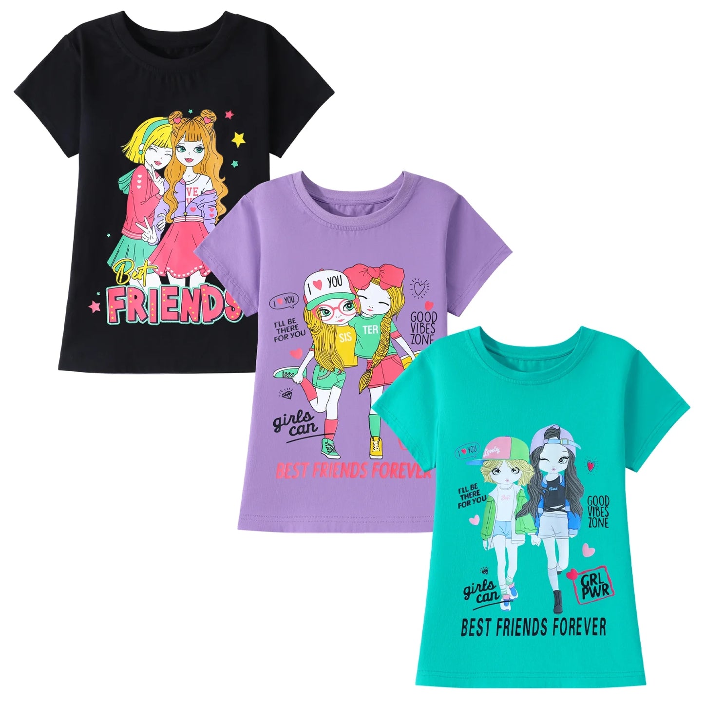 HILEELANG Little Girl Short Sleeve Tees Summer Easter Purple Black Green Girl Cotton Tops Shirts 3 Packs Size 6