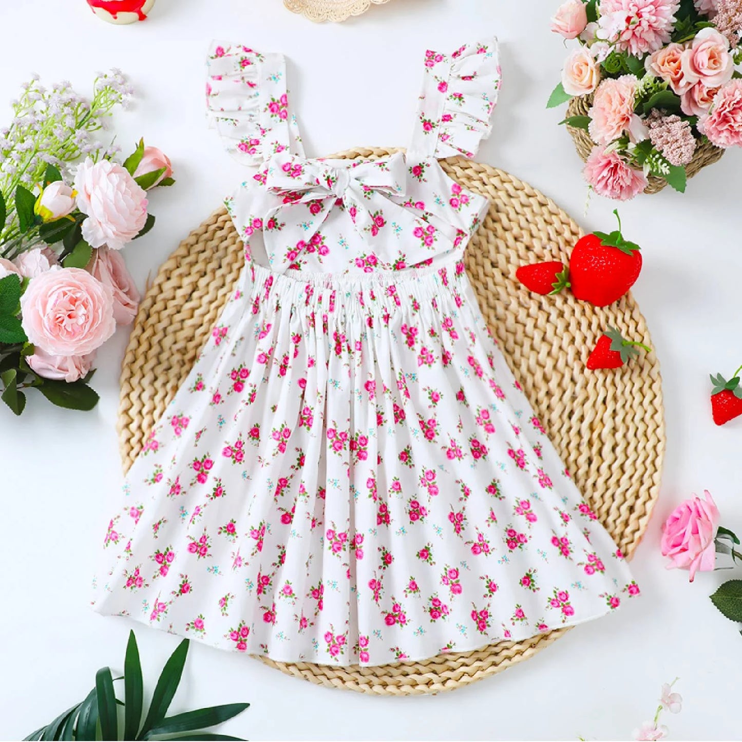 HILEELANG Toddler Flower Girl Spring Easter Pink Rose Floral Ruffled Sleeves White Backless Tie Back Knot Summer Beach Sundress 2T