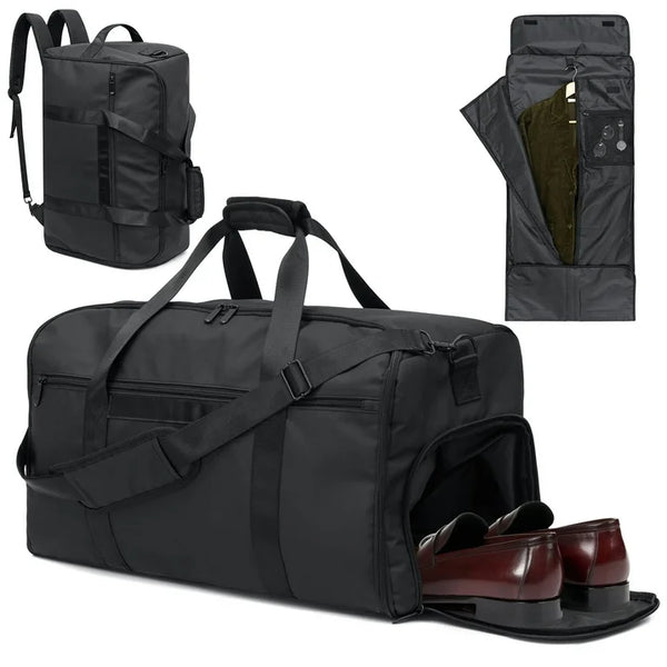 HONEIER Garment Duffle Bags for Travel 4 in 1 Waterproof Travel Suit Bag with Shoulder Strap Convertible Garment Bag with Shoe Compartment for Men Women, Carry On Luggage Bags Gym Bag, Black, 55L