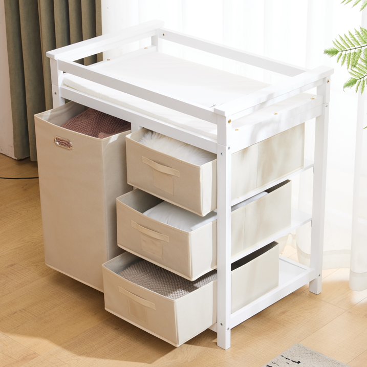 HSUNNS Diaper Changing Table, Wooden Infant Changing Table Dresser with Removable Top, 3 Fabric Drawers and Fabric Bag, Baby Changing Station for Nursery, White