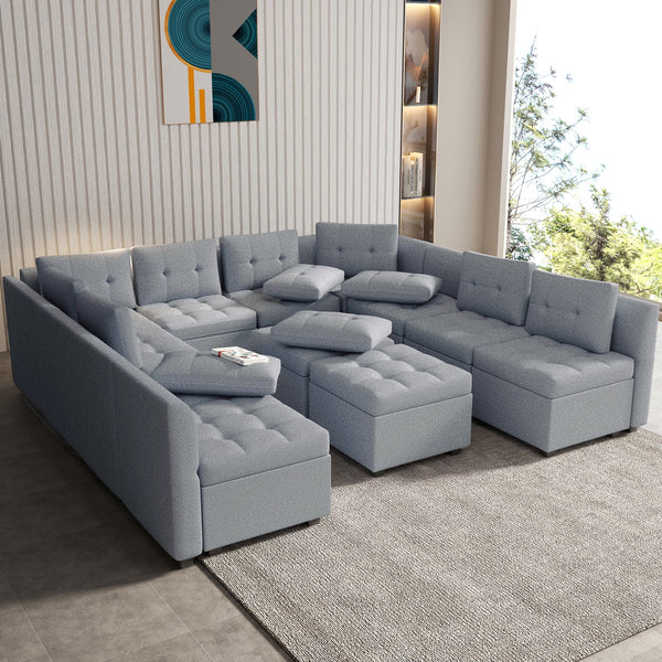 HYEASTR Modular Sectional Sofa with Storage Ottoman, 12 Seats Convertible Sofa with Adjustable Angle Armrest/Backrest, U Shape Sectional Couch Set, Sleeper Couch, Grey