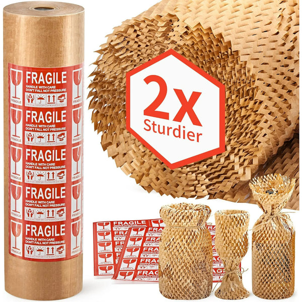 Honeycomb Packing Paper, 15x 164 Bubble Packing Wrap for Packing Shipping Moving Bubble Packing Paper Wrapping Roll Recyclable Moving Supplies With 20 Fragile Sticker Labels