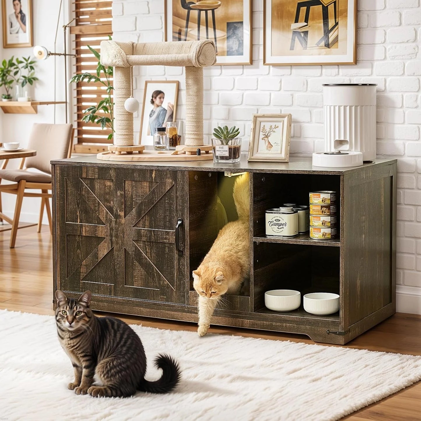 JanflyHome Cat Litter Box Enclosure, 43.3 inches Hidden Litter Box Furniture Cabinet with Storage, Cardboard, Light, Wood Indoor Cat House Washroom, Farmhouse Style, Rustic Brown Oak