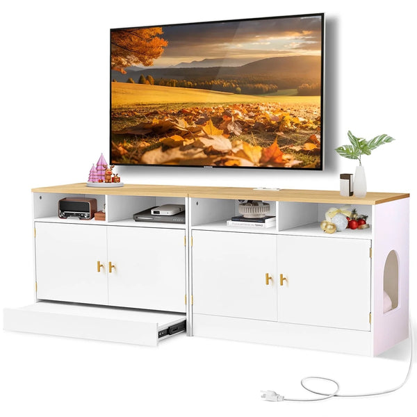 JanflyHome Cat Litter Box Enclosure, TV Stand for 55-75 inch TV, Power Outlet, Pan Litter Box, White