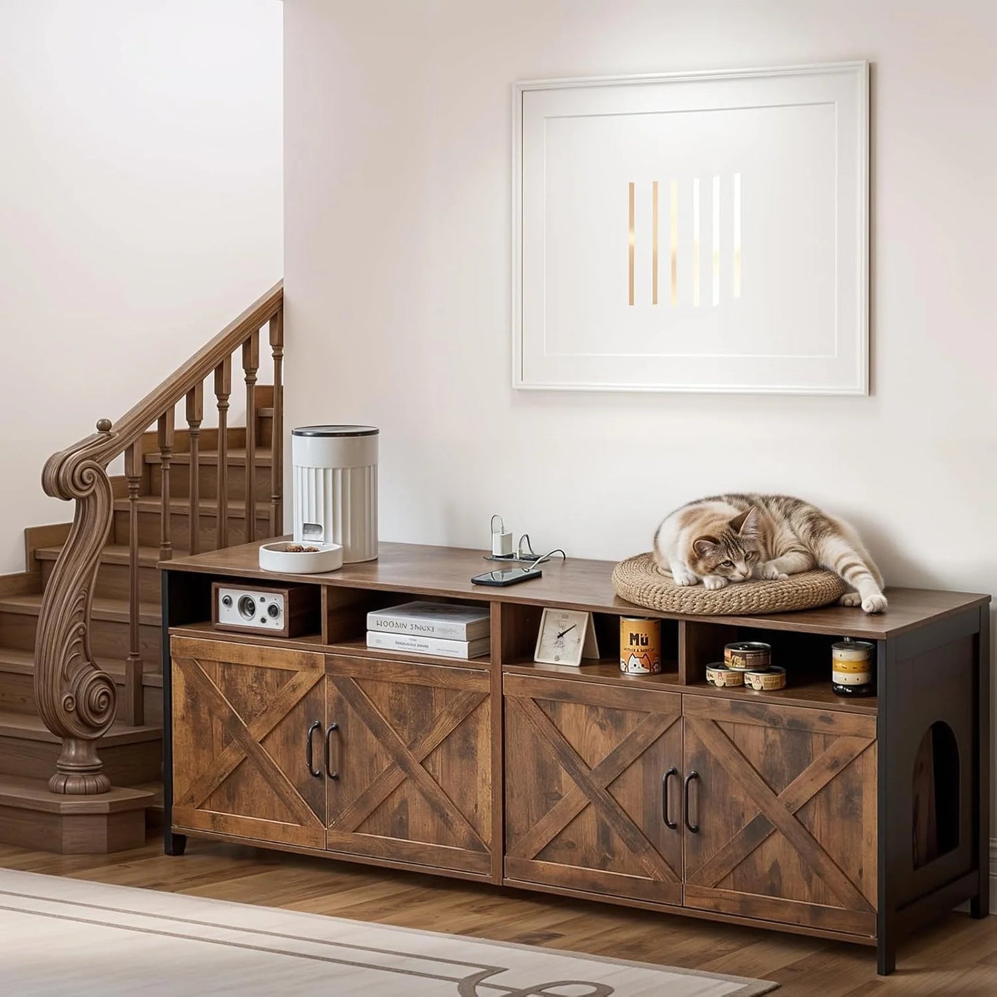 JanflyHome Cat Litter Box Furniture, 63 Inch TV Stand 2 Cats Double Litter box Enclosure Hidden Washroom TV Stand, Vintage Brown