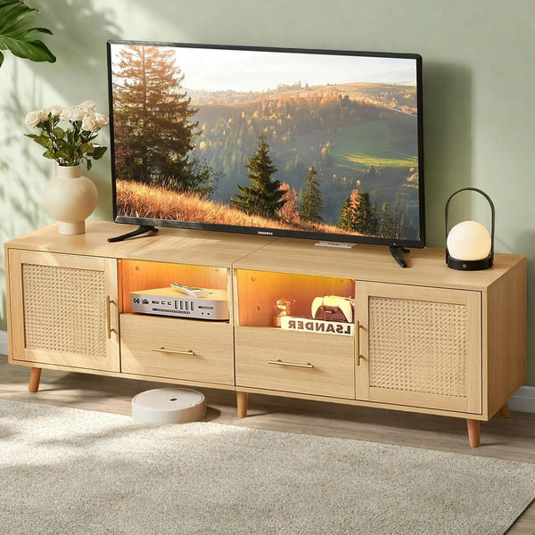 JanflyHome TV Stand for 75in TV, Rattan Boho Entertainment Center with Adjustable LED Light, Power Outlet, Wood