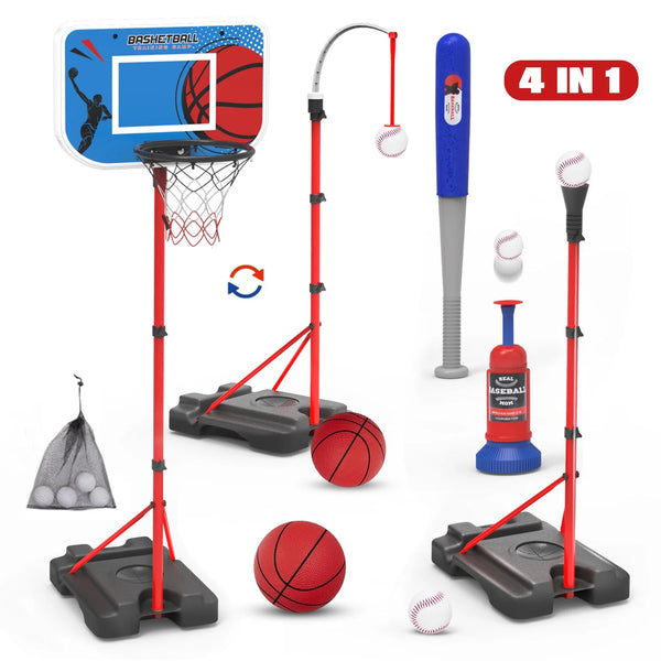 JoyStone 4 in 1 Kids Basketball Hoop and T Ball Set for Kids, Adjustable Height Basketball Hoop, Hanging Tee Ball Stand with Automatic Pitching Machine, Sports Gifts Toys for Boys Girls