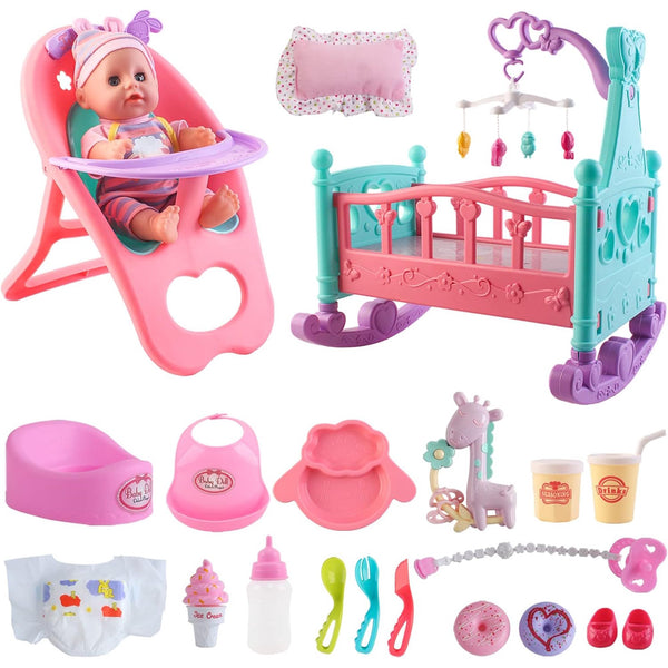 JoyStone 41Pcs Doll Care Toy Playset, 12 Soft Body Dolls for Girls with Crib, High Chair Feeding Accessories, Baby Toy Gift for Age 3 Years Old Girls Boys