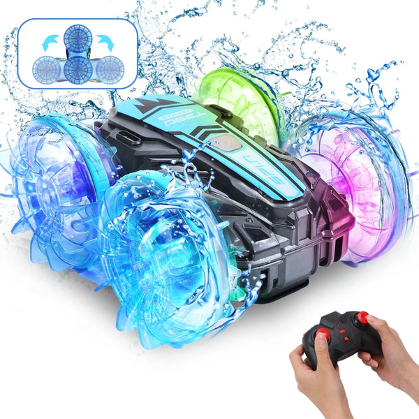 JoyStone Amphibious Remote Control Car Boat with LED Lights, 4WD RC Stunt Car Toy for Boys Girls, Water Beach Pool Toys for Kids Ages 8-12, Blue