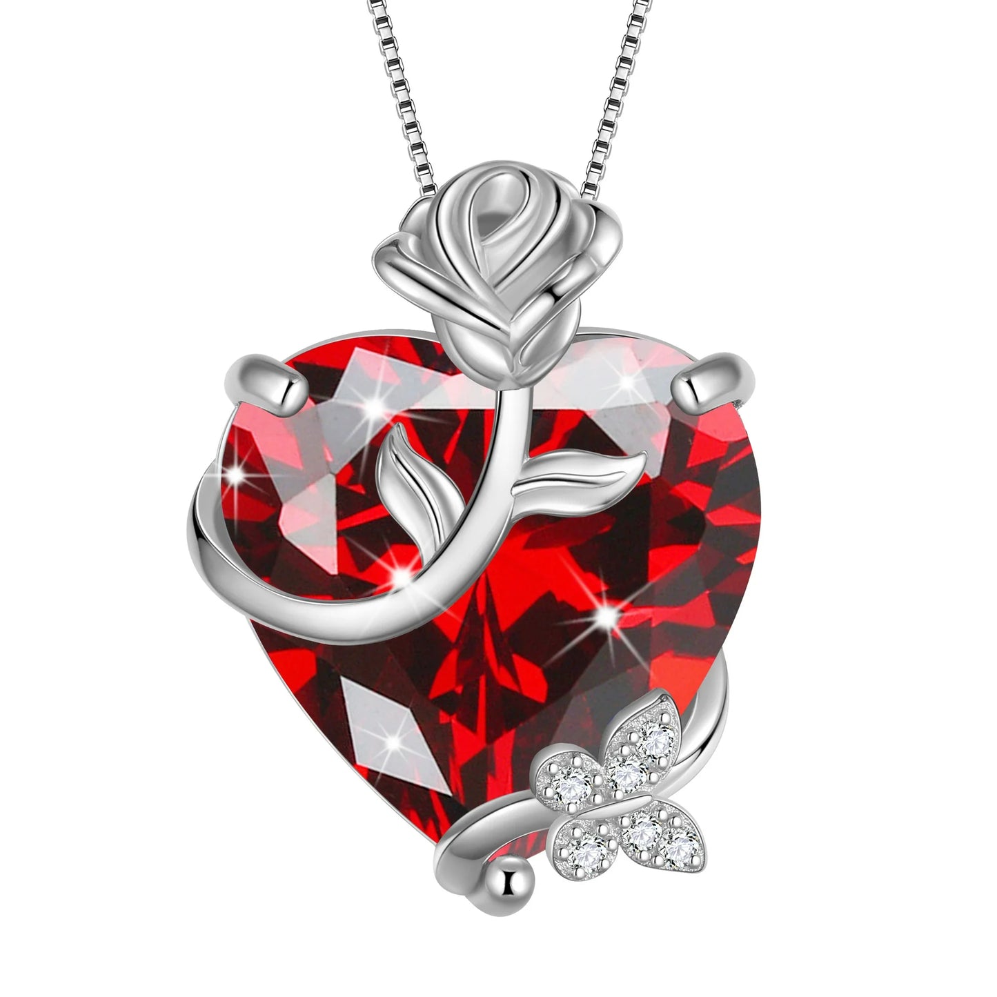 Juwaliy 15MM Women Rose Heart Necklace January Birthstone 925 Sterling Silver Butterfly Flower Pendant Garnet Jewelry Mother Valentine's Day Gift