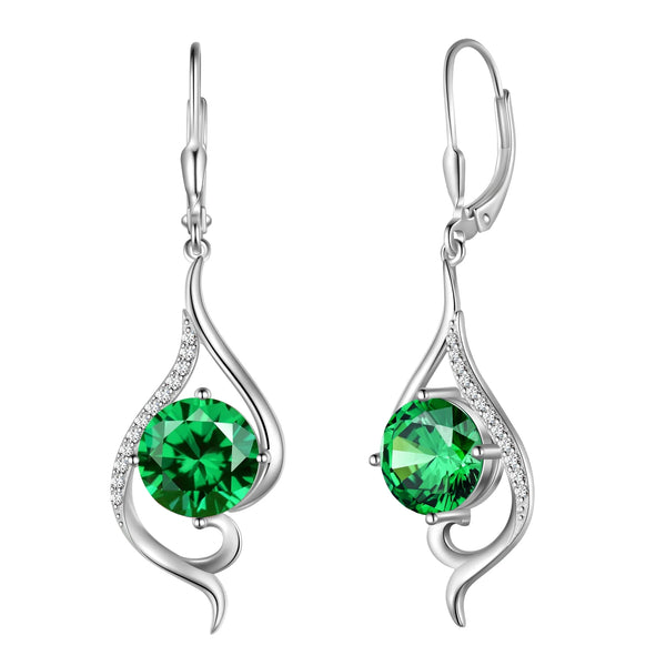 Juwaliy Women Dangle Earrings May Birthstone Earring Emerald Green 925 Sterling Silver Leverback Hanging Tail Jewelry Mother's Day Gift