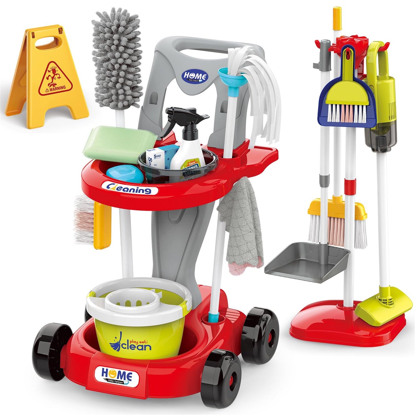 Kids Cleaning Toy Set 29PCS, Toddler Cleaning Set with Broom and Dustpan Set, Housekeeping Pretend Play Toys with Kids Vacuum, Duster, Brush, Rag, Toddler Girl Boy Toys, Red