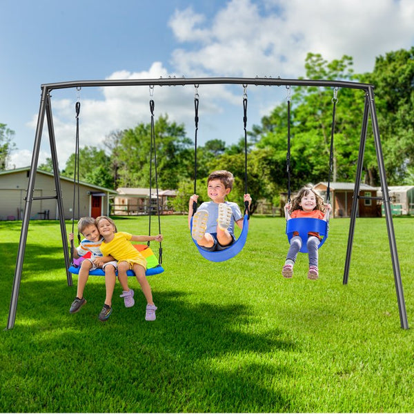 KloKick 440lbs Outdoor Swing Set for Kids  Includes Toddler Swing, Belt Swing, and Platform Swing, Metal Frame for Backyard Play